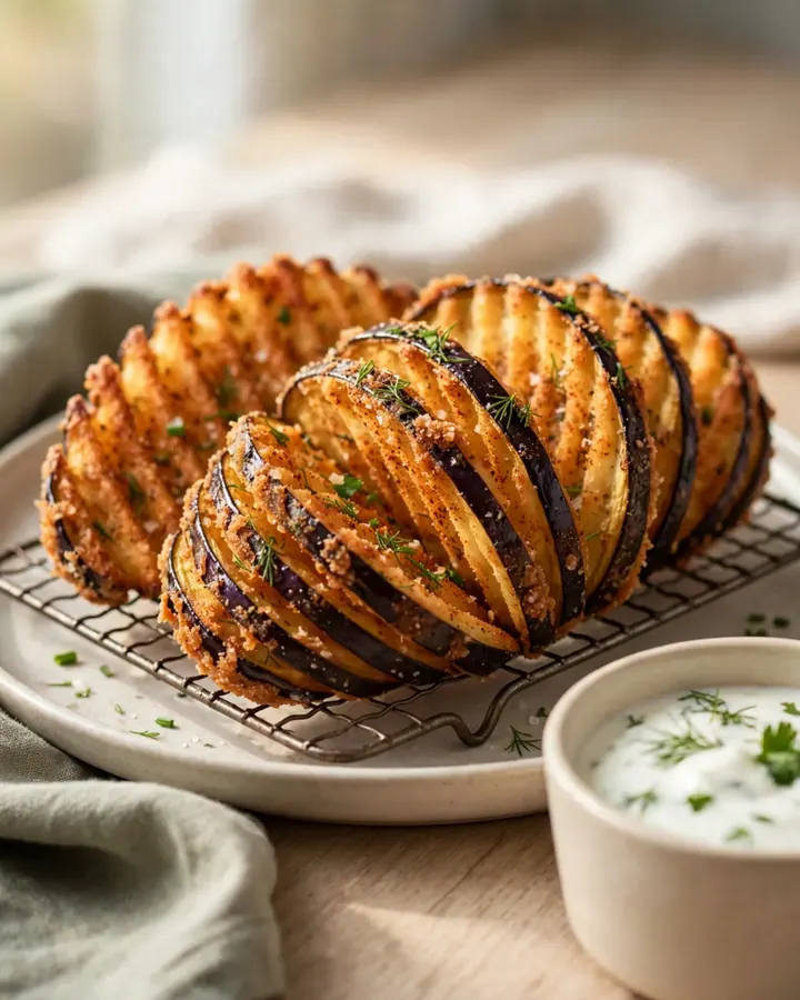 Golden brown fan-cut accordion eggplant fries arranged on a rustic platter.