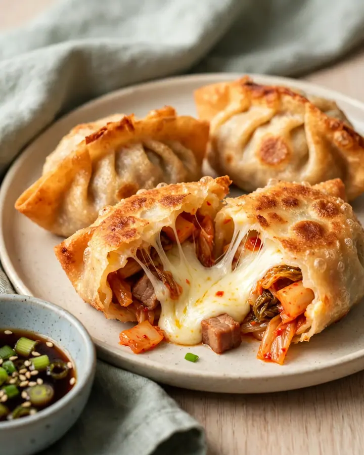 A crispy golden-brown kimchi and mozzarella dumpling being sliced in half with visible melted cheese.
