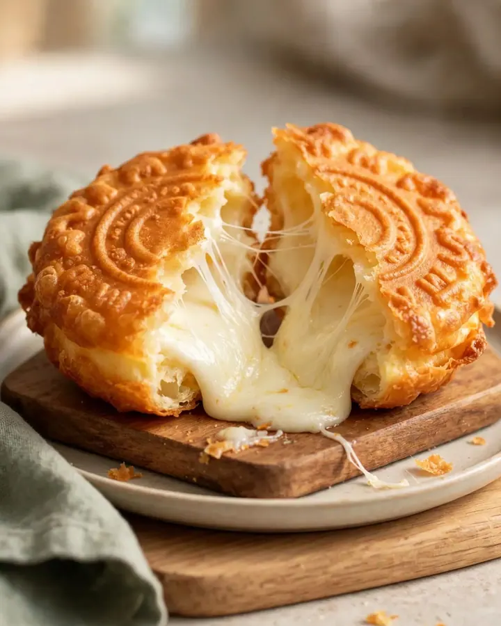 A golden, coin-shaped pancake split in half showing a long, stretchy pull of melted mozzarella cheese.