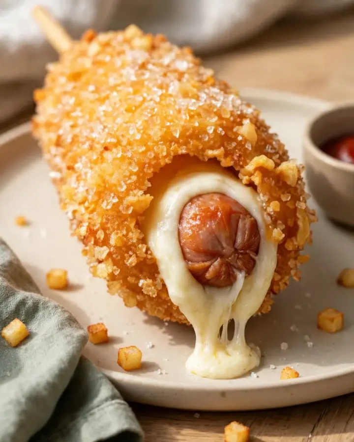 A crispy golden Korean potato corn dog with a long, stretchy mozzarella cheese pull, drizzled with ketchup and mustard.