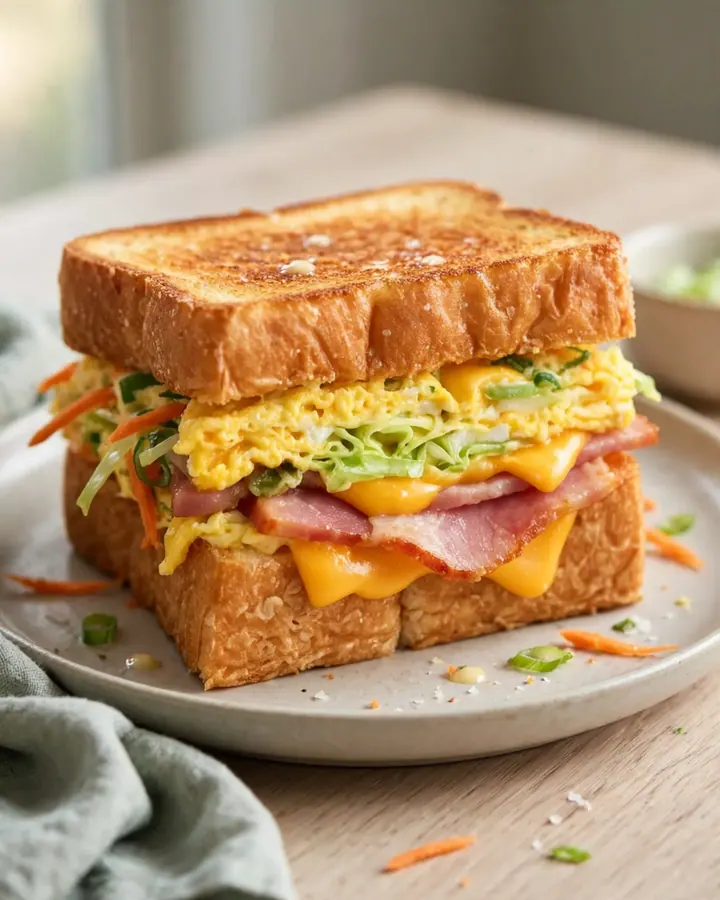 A thick, buttery toasted brioche sandwich stuffed with a colorful cabbage and carrot omelette, seared ham