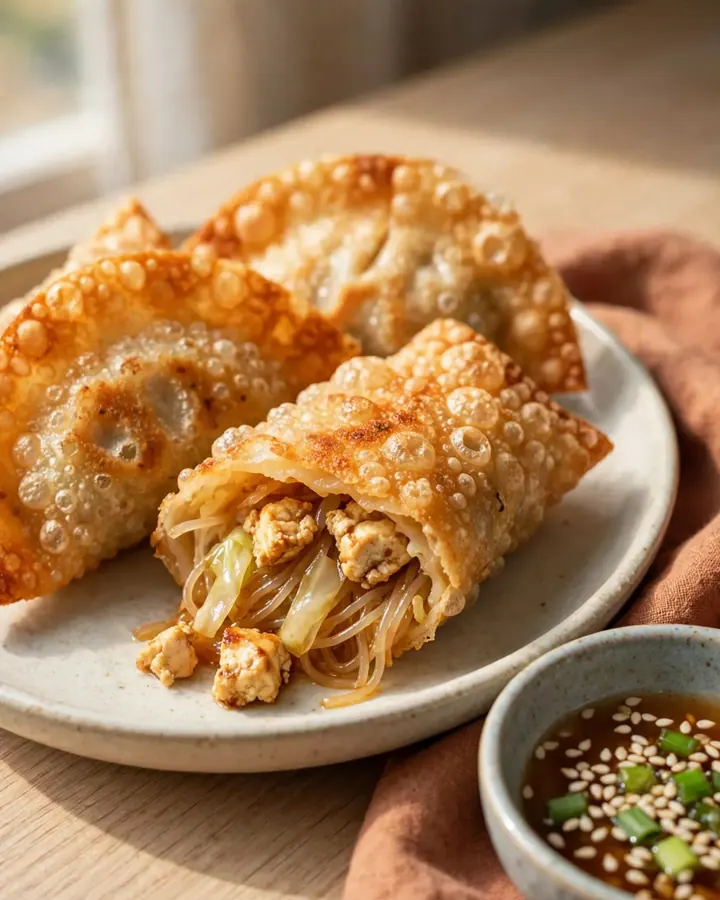 A close-up of a crispy rice paper dumpling split in half, revealing a savory tofu and glass noodle filling.