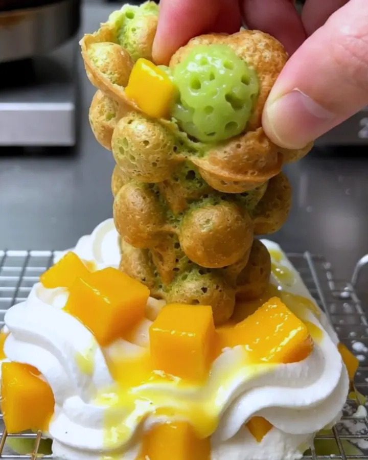 A golden-green pandan bubble waffle cone filled with whipped coconut cream and fresh diced mango.