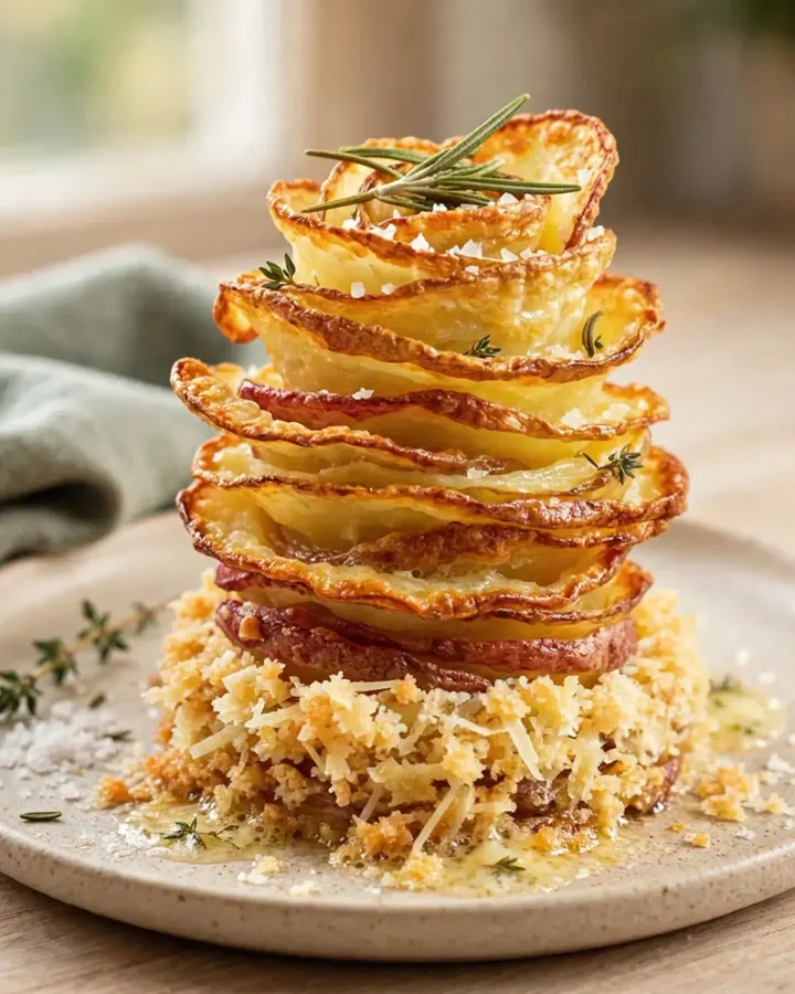 A golden-brown crispy potato rose standing upright, showing delicate fanned layers.