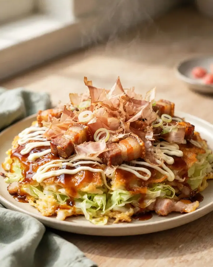 A close-up shot of a golden-brown okonomiyaki pancake topped with crispy pork belly and a feathered Kewpie mayo lattice.