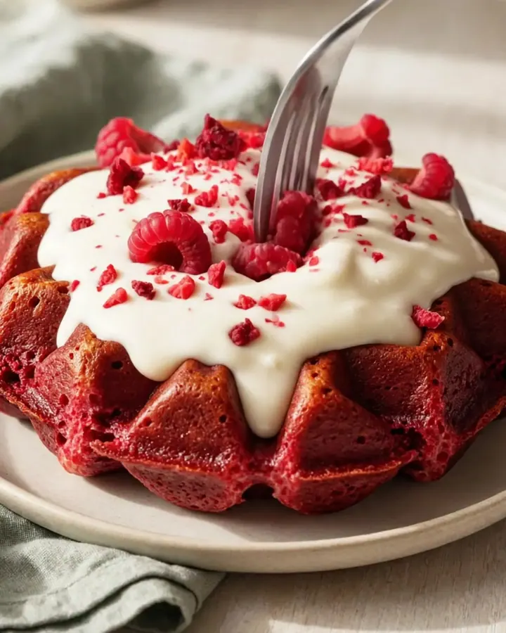 Crispy red velvet Belgian waffles drizzled with white chocolate ganache and freeze-dried raspberries.
