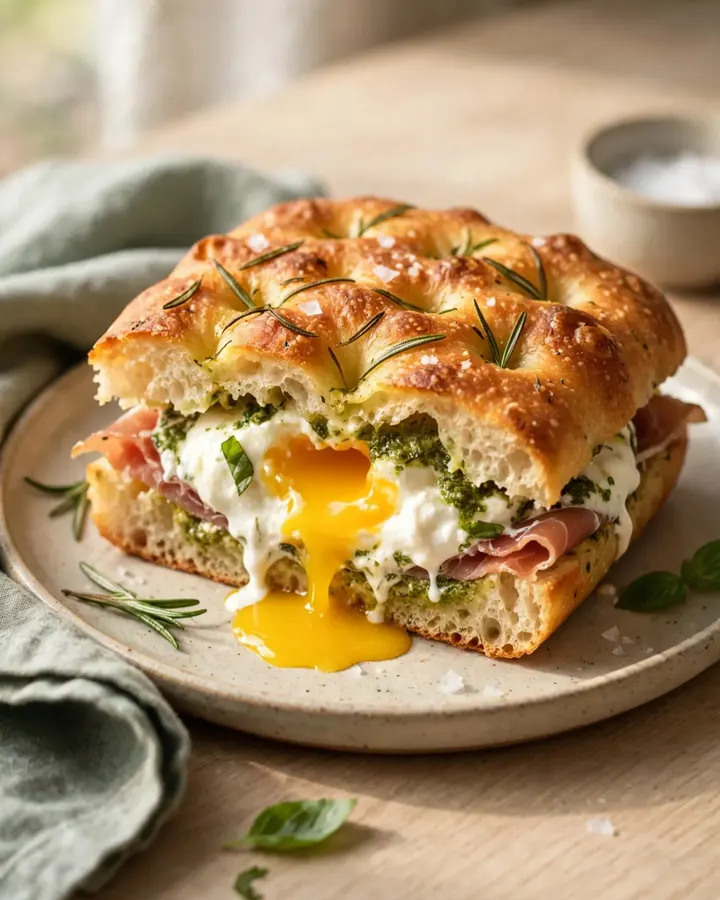 A close-up of a crispy rosemary focaccia breakfast panini showing layers of burrata, pesto, prosciutto, and a runny egg yolk.