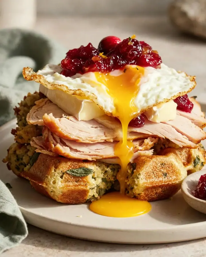 A crispy herb stuffing waffle sandwich filled with melted Brie, turkey, and cranberry, topped with a fried egg.