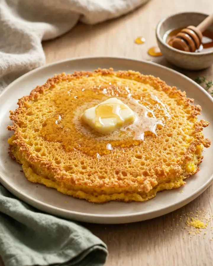 Crispy golden cornmeal pancakes stacked with a dollop of melting honey butter on top.