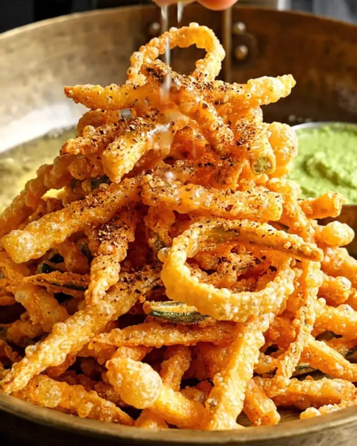A golden, crispy plate of spiced okra fries served on a traditional brass platter with lime wedges.