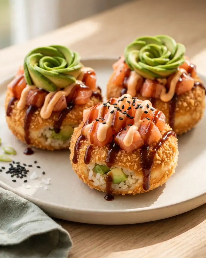 A golden-fried sushi rice donut topped with spicy salmon tartare, avocado roses, and a drizzle of eel sauce.