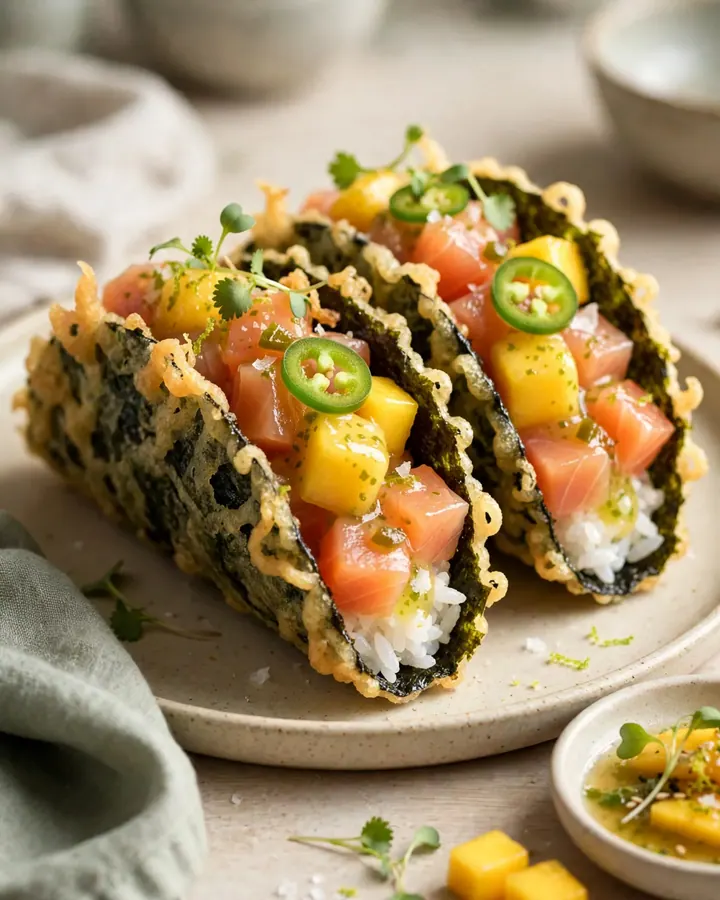 A crispy tempura nori taco filled with fresh yellowtail, mango, and spicy mayo, served on a dark izakaya-style plate.