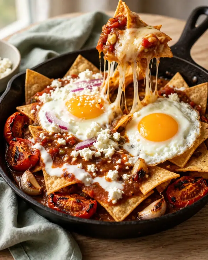 A vibrant cast-iron skillet filled with crispy chilaquiles topped with sunny-side-up eggs, queso fresco, and Mexican crema.