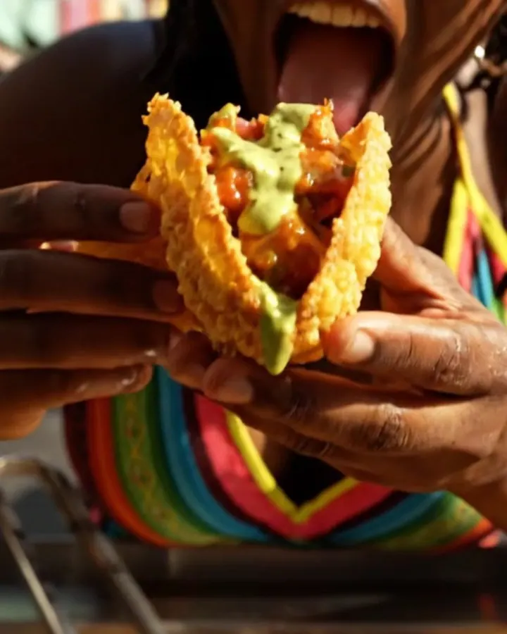 Crispy golden plantain cups filled with jerk chicken and topped with mango salsa.