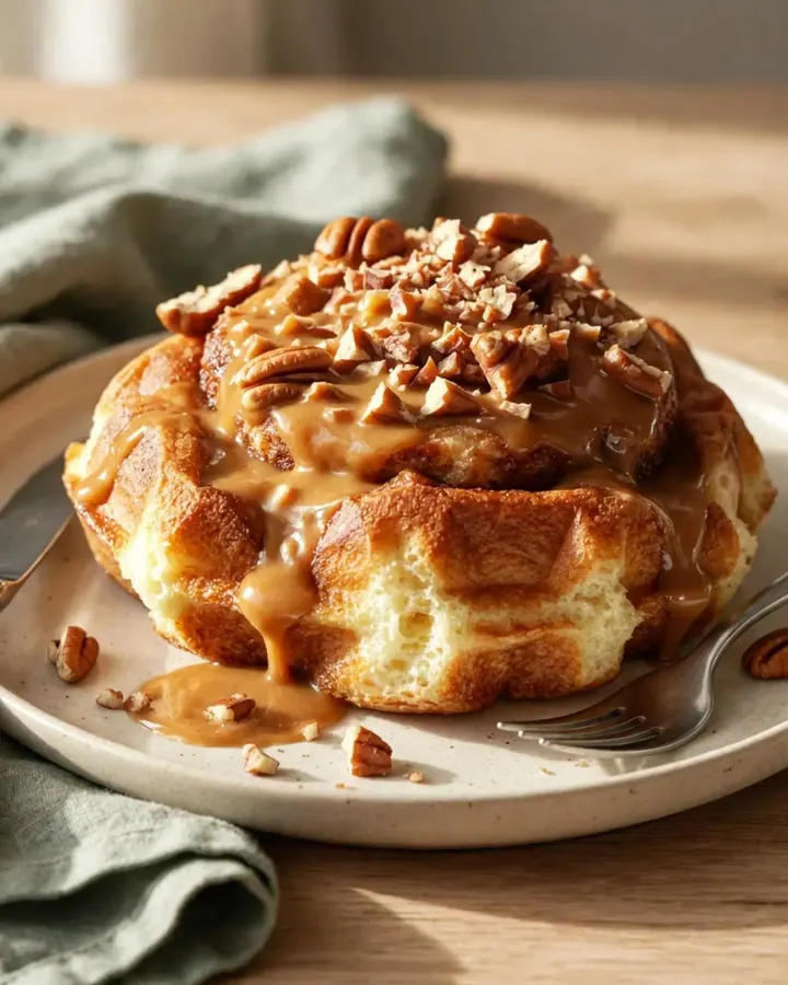 A close-up of a crispy waffled cinnamon roll with deep brown grid pockets filled with creamy frosting and pecans.