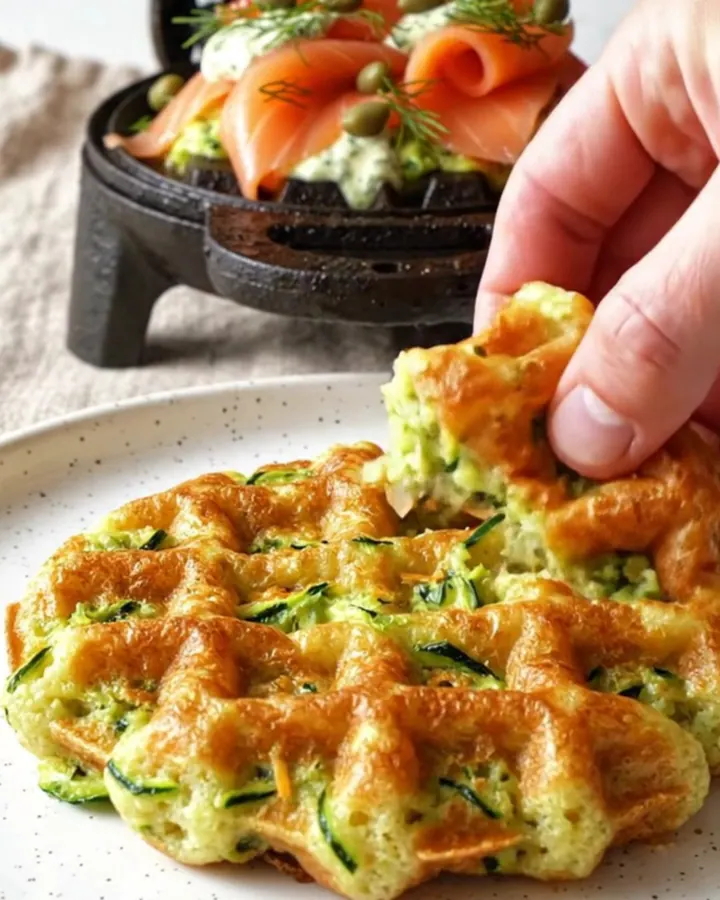 A crispy golden zucchini cheddar waffle topped with smoked salmon, dill crème fraîche, and bright orange salmon roe.