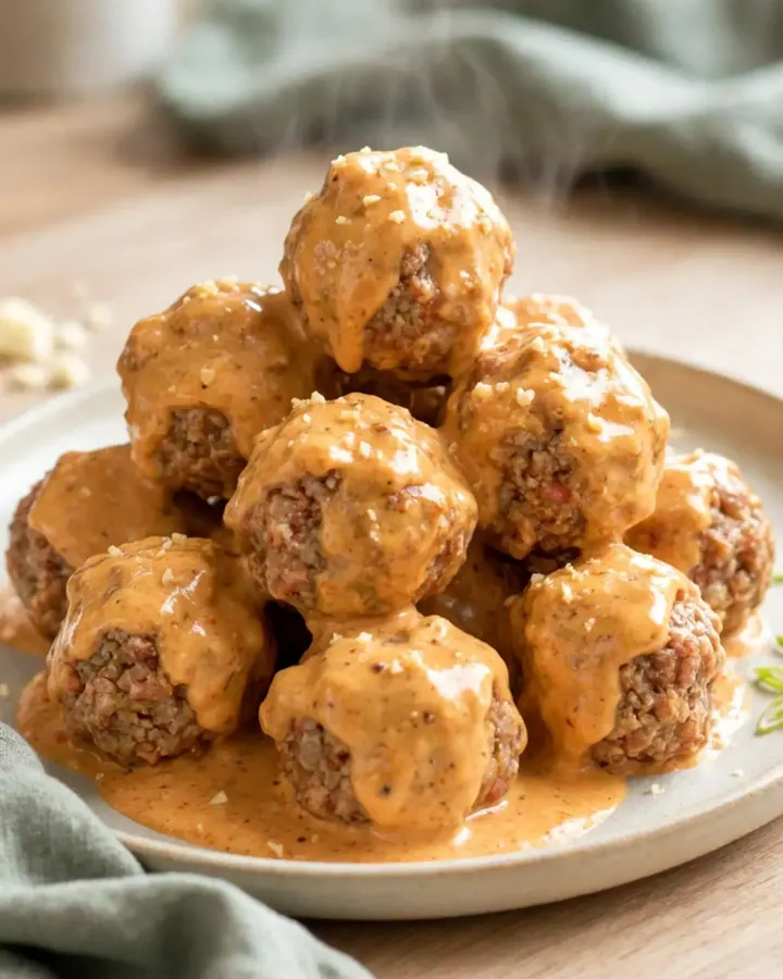 A close-up of glossy Bang Bang Meatballs in a black slow cooker bowl on a granite countertop.