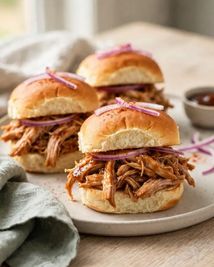 A close-up of tender, shredded BBQ turkey piled high on a wooden board, ready for sliders.