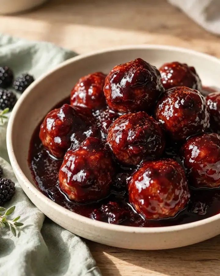 A slow cooker filled with blackberry BBQ meatballs, glistening with a dark purple glaze.