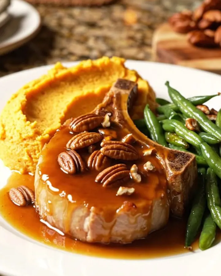 A close-up shot of succulent bone-in pork chops covered in a shiny brown sugar and bourbon glaze with toasted pecans.