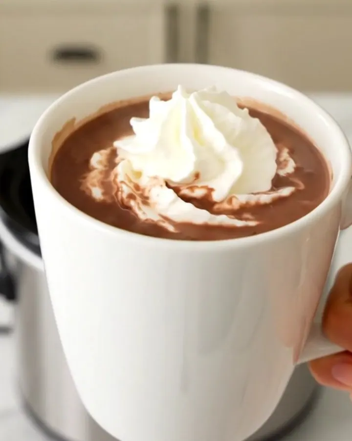 A steaming mug of butterscotch hot chocolate topped with whipped cream on a wooden table.