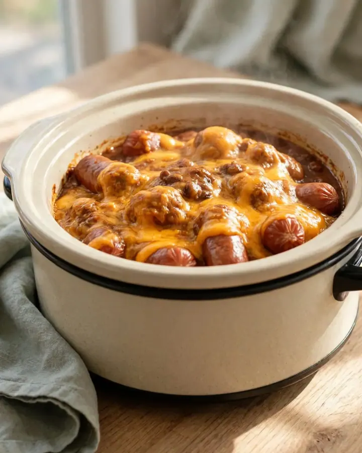 A close-up of a slow cooker filled with mini sausages covered in a thick, melty orange chili cheese sauce.