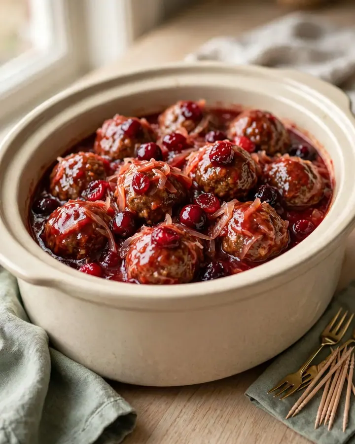 A slow cooker filled with glazed cranberry sauerkraut meatballs on a speckled granite countertop.