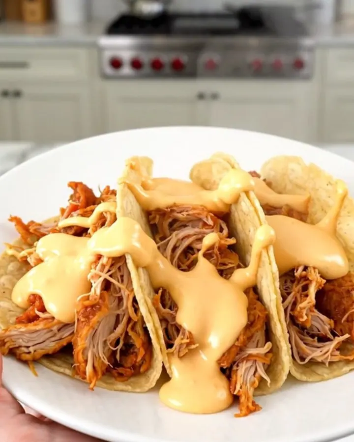 A close-up of creamy shredded chicken tacos on a white plate with a blurred kitchen background.