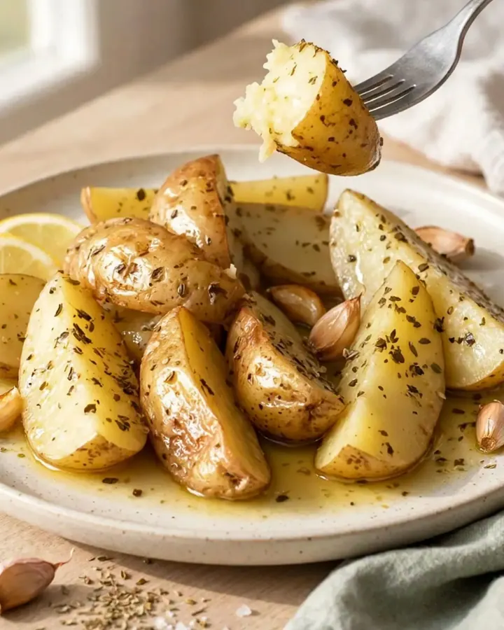 A close-up of tender golden potato wedges in a slow cooker, seasoned with herbs and lemon.