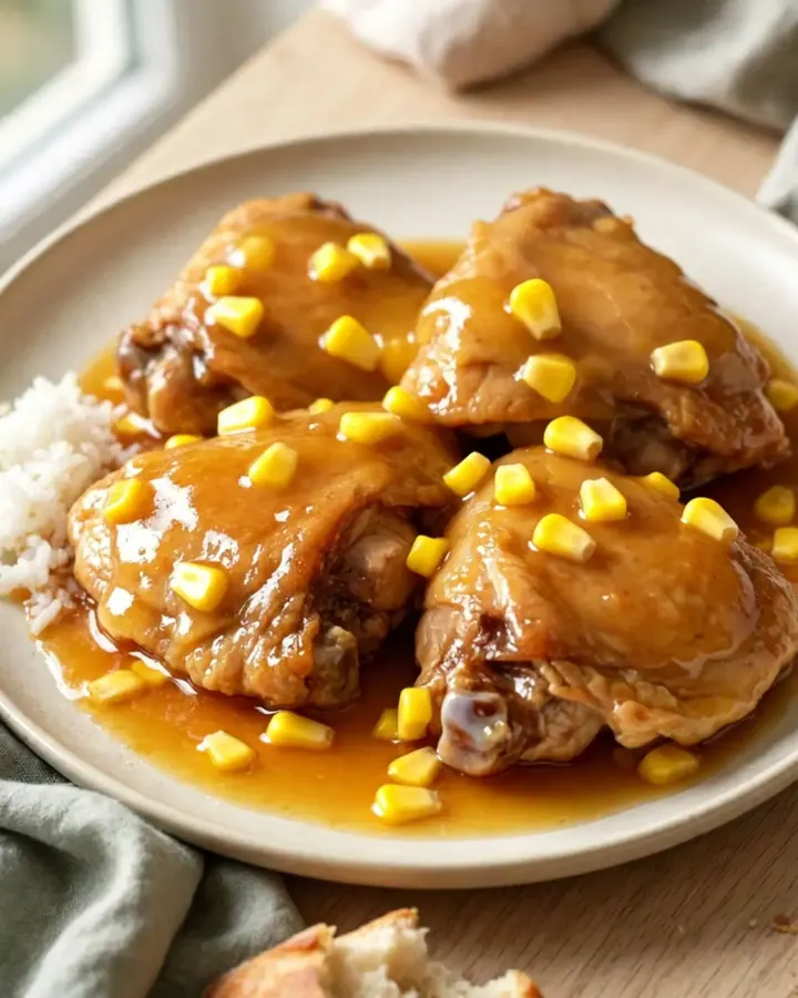 A plate of tender slow-cooked honey butter chicken thighs served with corn kernels and a glossy sauce.