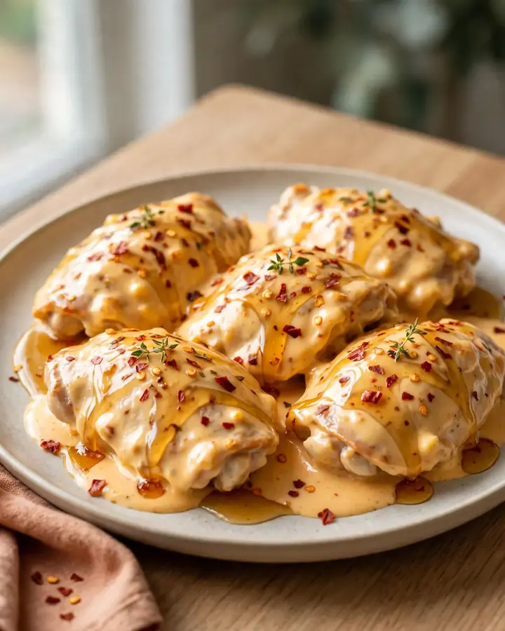 A top-down view of cooked chicken thighs in a slow cooker, covered in a creamy