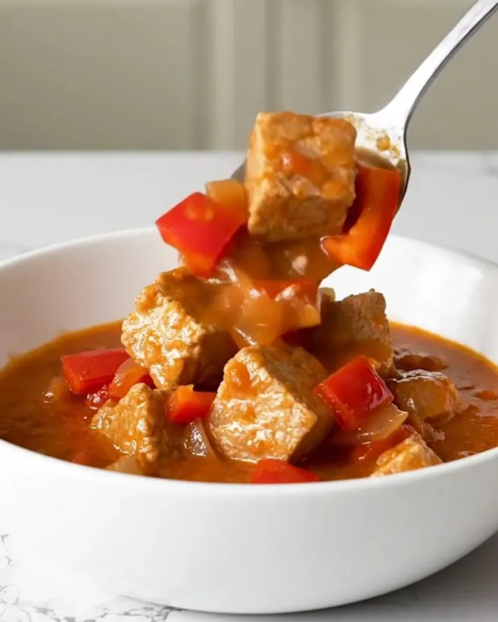 A bowl of steaming Hungarian pork goulash with tender pork cubes in a rich, brick-red paprika sauce.