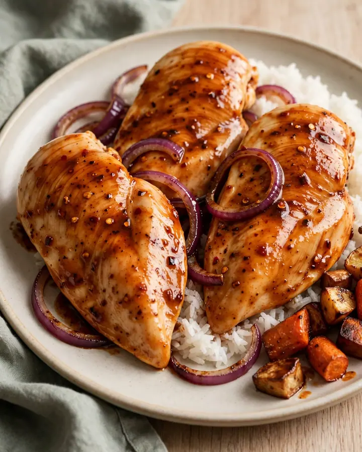 A close-up of tender, golden-tan chicken breasts coated in a thick