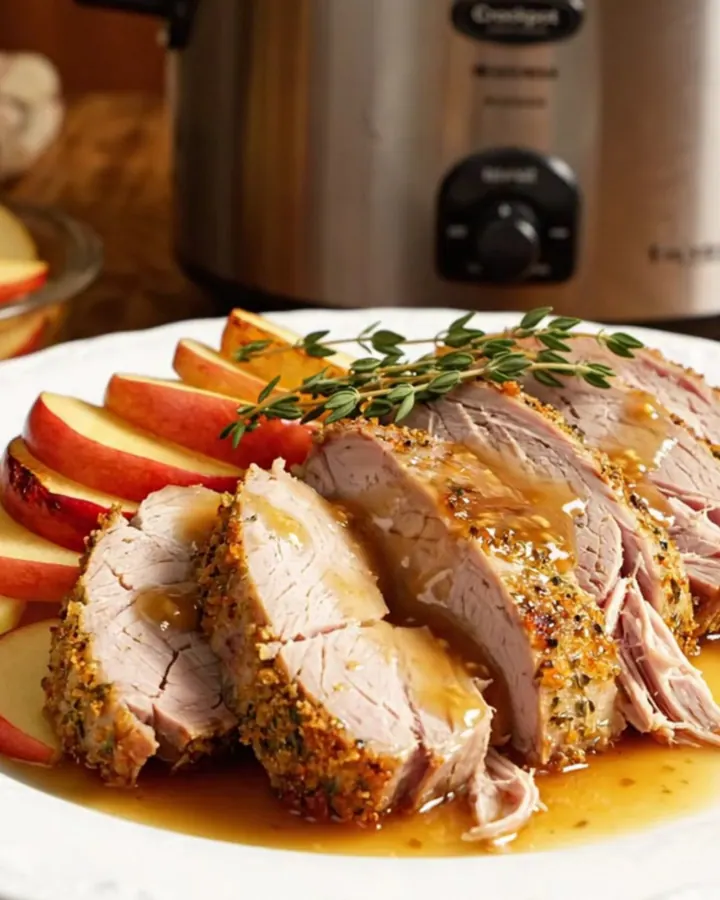 A close-up of sliced maple-Dijon pork tenderloin medallions on a white platter with cooked apples.