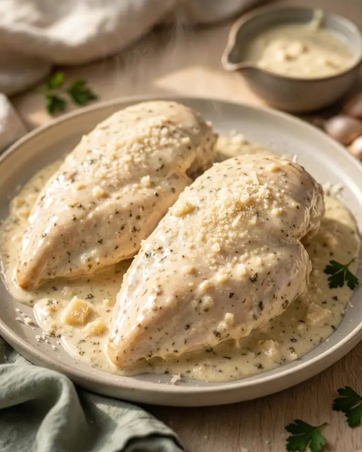 A close-up view of tender cooked parmesan chicken breasts topped with a creamy garlic sauce in a slow cooker.