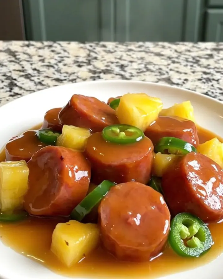 A top-down view of a black slow cooker filled with sliced kielbasa, pineapple chunks, and jalapeno rings.