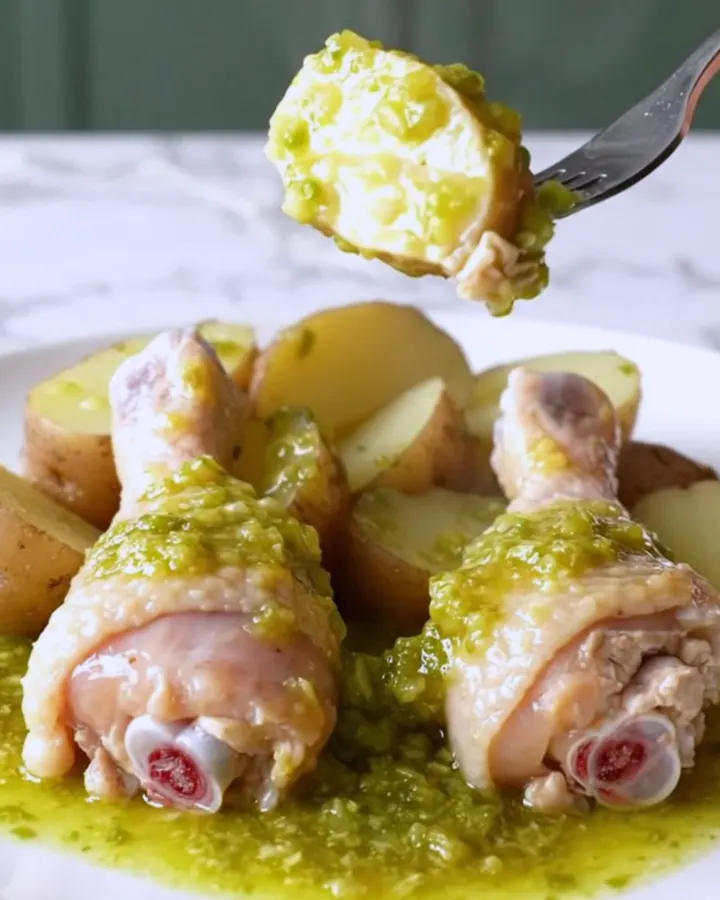 A close-up view of cooked chicken drumsticks and red potatoes served with salsa verde in a slow cooker.