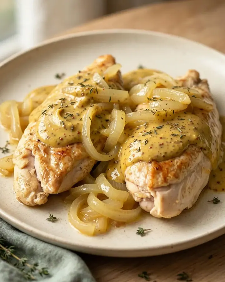 A stainless steel slow cooker filled with chicken breasts, sliced sweet onions, and a creamy Dijon mustard sauce.
