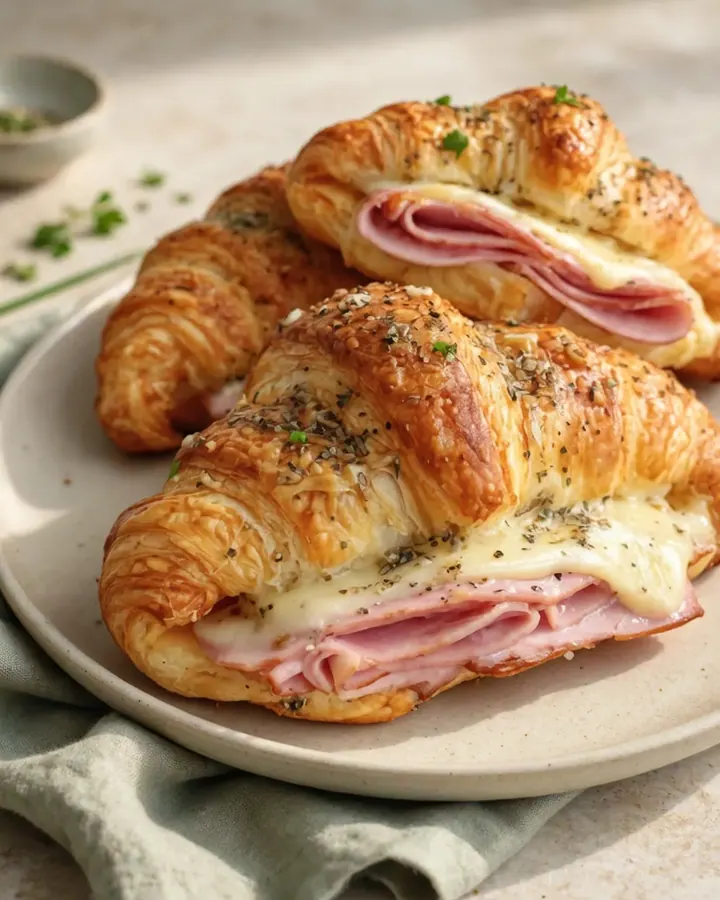 Trois croissants au jambon et fromage dorés et croustillants disposés sur une planche en bois avec le fromage qui coule.