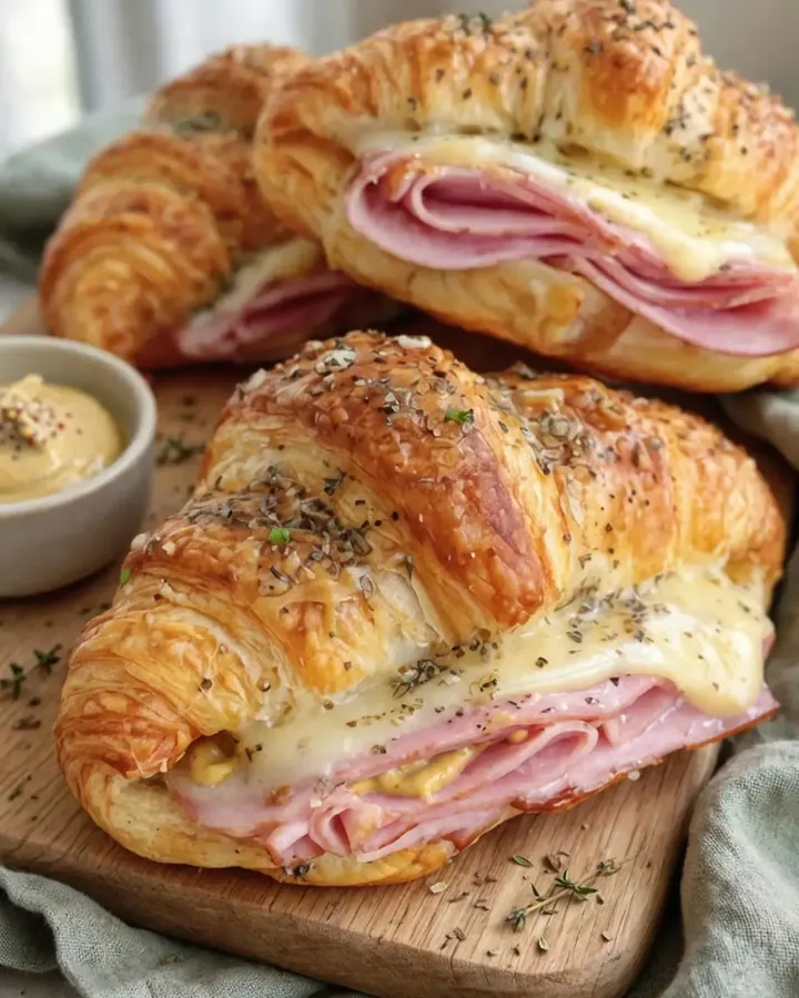 Croissants au jambon et fromage dorés et croustillants sur une planche en bois avec de la vapeur.