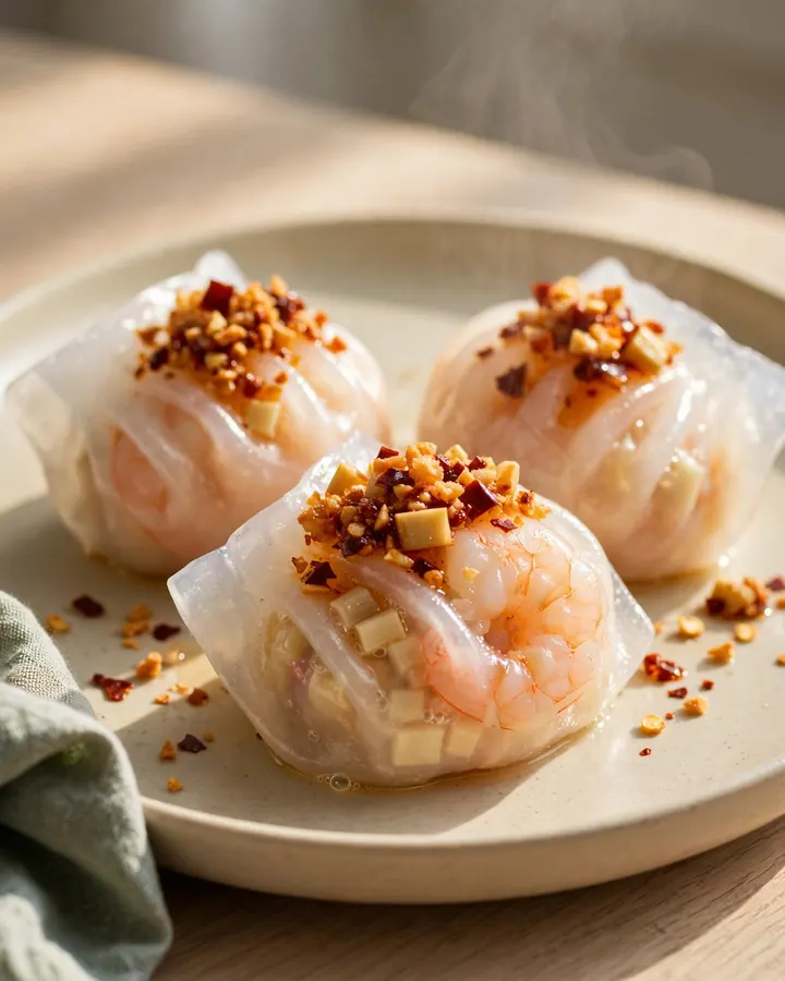 A close-up shot of crystal shrimp dumplings topped with vibrant, sizzling garlic chili crisp.