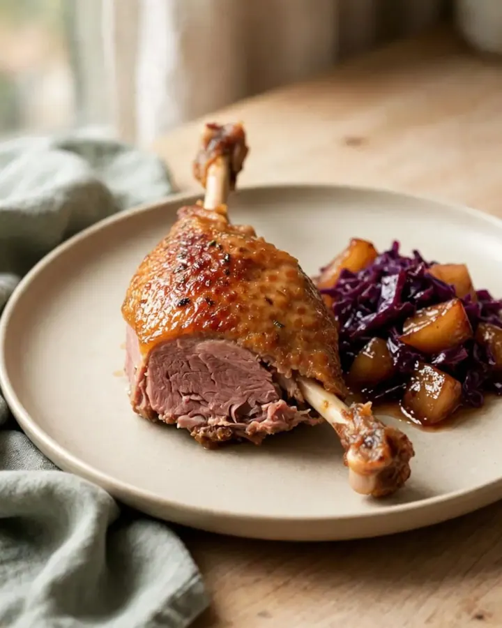 Cuisses de canard confites avec chou rouge et pommes dans une mijoteuse.