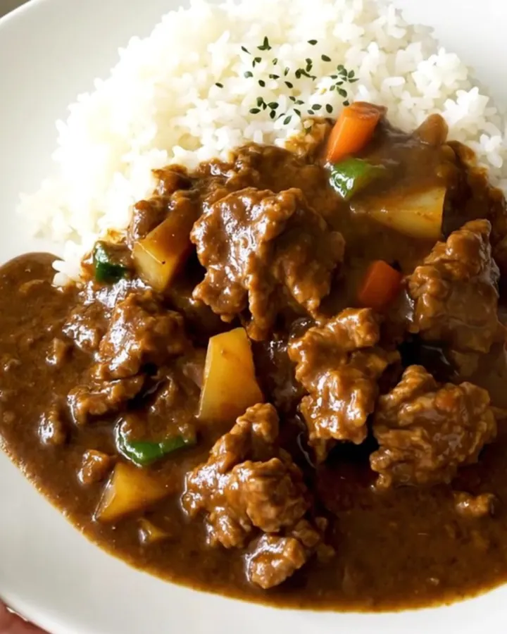 Curry de bœuf japonais fumant servi avec du riz blanc dans une assiette ronde sur fond de cuisine.
