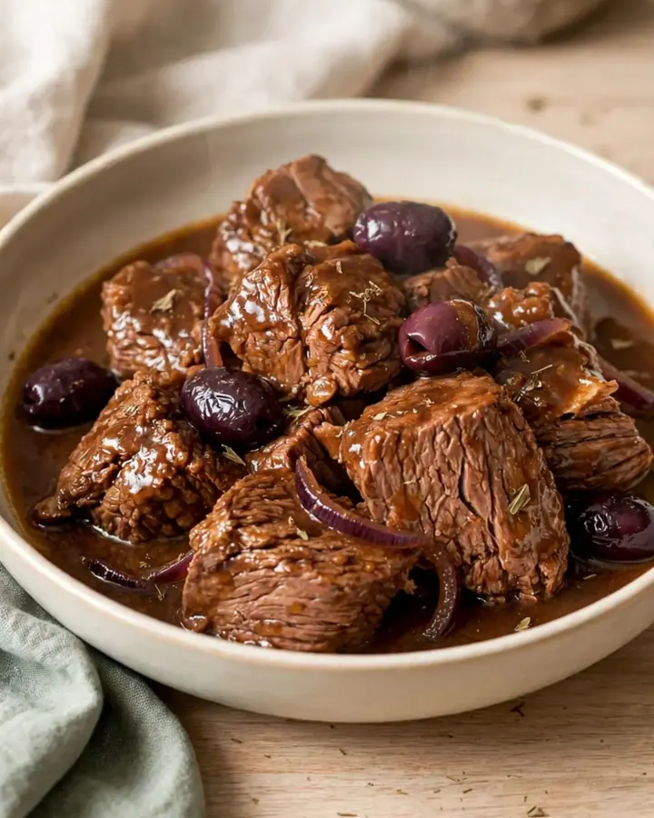 Daube de bœuf brillante et fondante servie dans une assiette blanche avec des olives et de la sarriette.