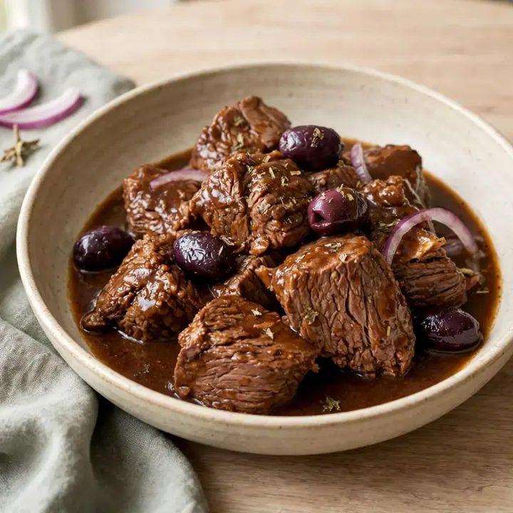 Daube de bœuf à la mijoteuse aux olives violettes et sarriette