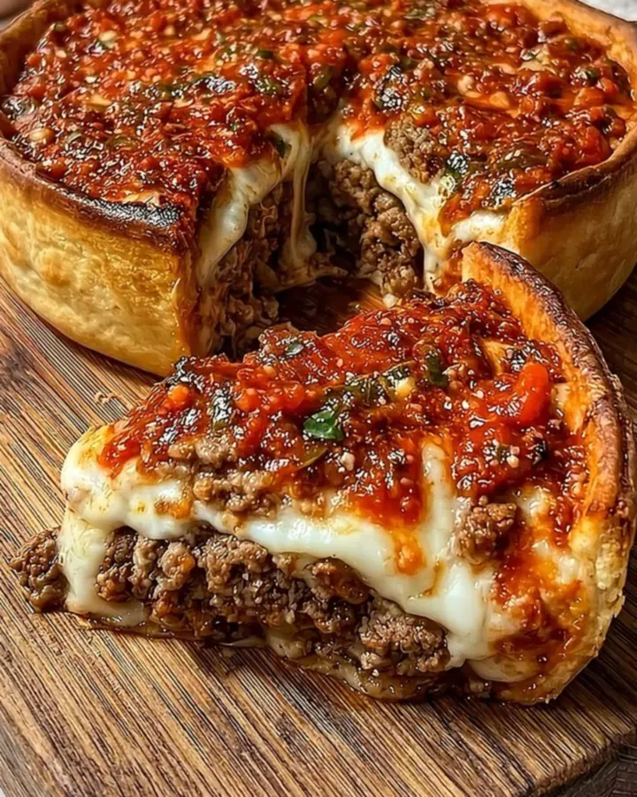 A golden, deep-dish meat pie on a wooden board, showcasing a crispy crust and a rich, cheesy filling.