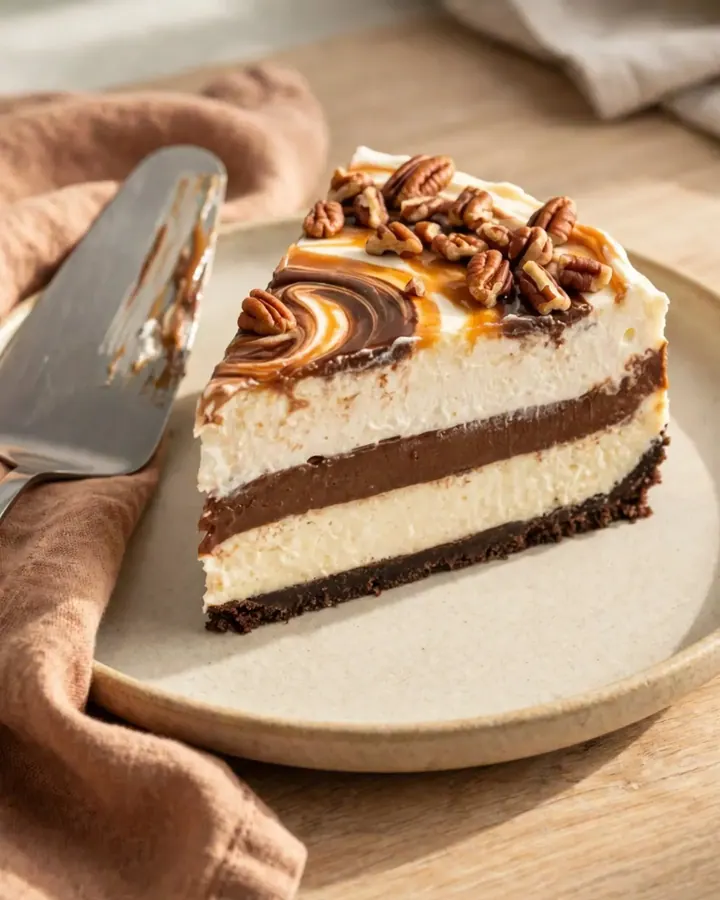 Vue en gros plan d’une part de dessert en couches avec chocolat, crème et noix de pécan.