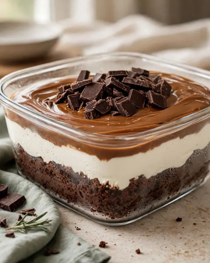 Dessert au chocolat en couches avec une ganache brillante dans un plat en verre