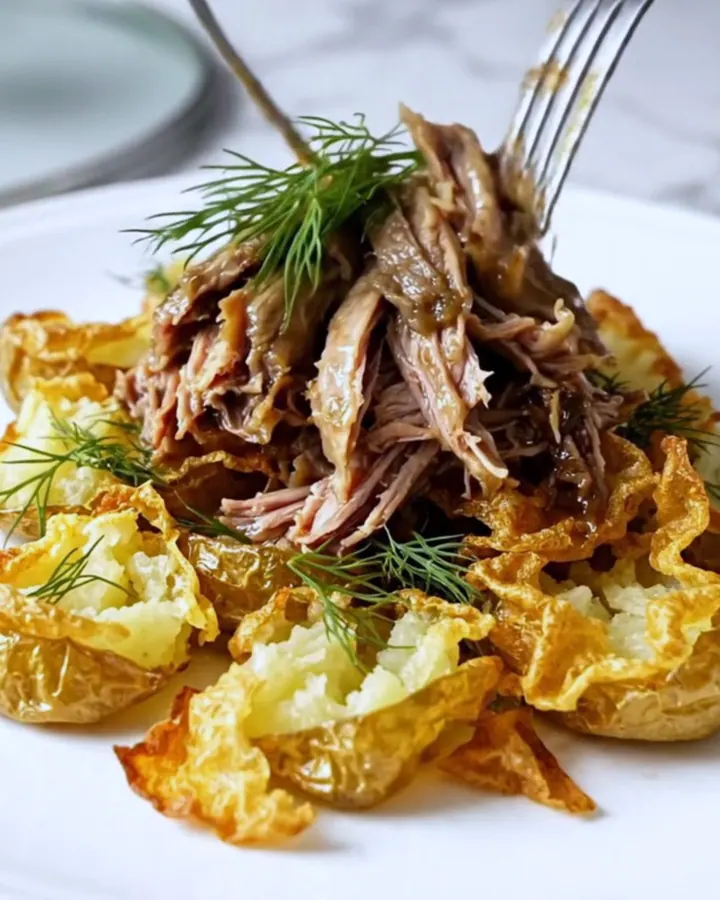 A close-up of tender shredded beef in a tangy butter sauce with fresh dill garnishes.
