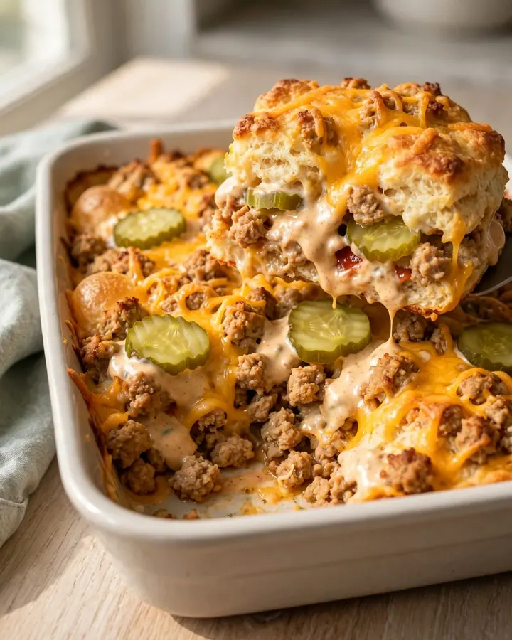 A top-down view of a golden, bubbling dill pickle turkey cheeseburger bake in a white rectangular dish.